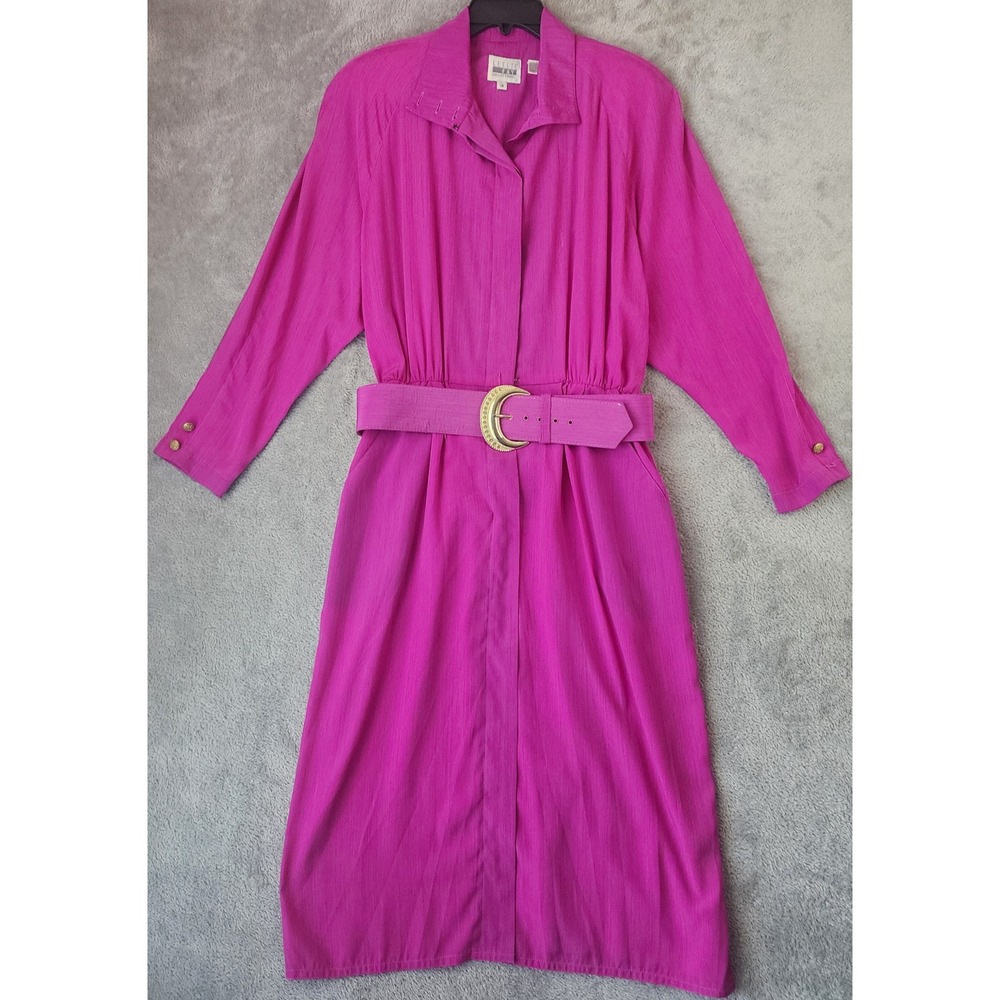 Leslie Fay Shirt Dress Womens 14 Magenta Pink Belted Long Sleeve Vintage Midi